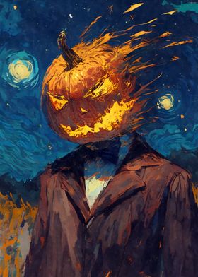 Pumpkin Head Man Starry Night 