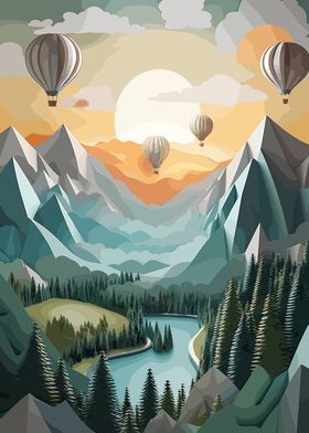 Mountain Valley with Hot Air Balloons