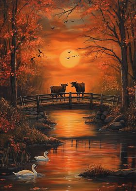 Cows in Autumn Sunset Bridge