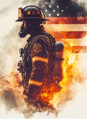 Firefighter with American Flag