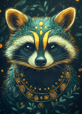 Raccoon Portrait with Gold Accents