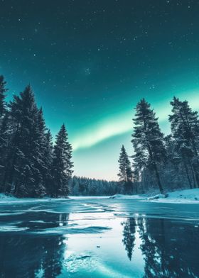 Northern Lights Over Frozen Lake