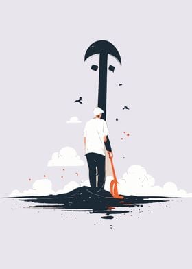 Man with Shovel Facing Upward Arrow