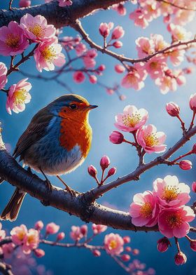 Robin in Cherry Blossom Tree