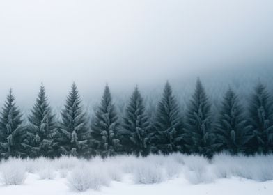 Snowy Forest in Fog Landscape