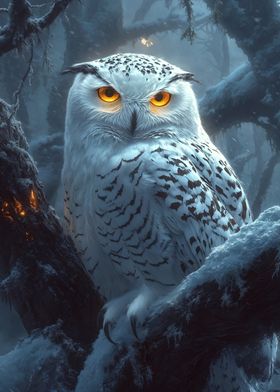 Snowy Owl in Winter Forest