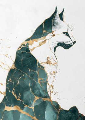 Gold &amp; Teal Cat Art