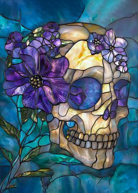 Stained Glass Skull with Flowers