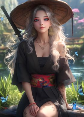 Anime Girl in Kimono Samurai