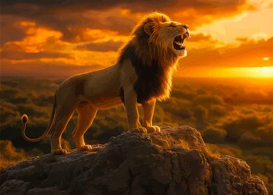 Lion Roaring at Sunset