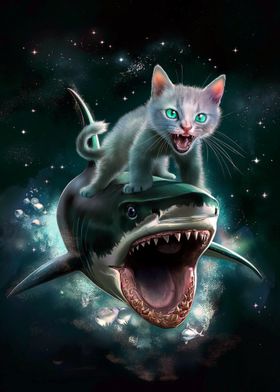 Space Cat Riding Shark