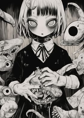 Creepy Anime Girl with Monsters