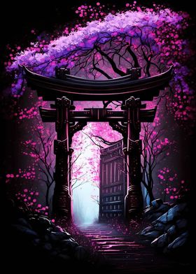 Japanese Gate with Cherry Blossoms