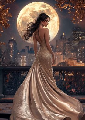 Woman in Gown Under Full Moon