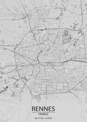 Rennes France Light Grey City Map