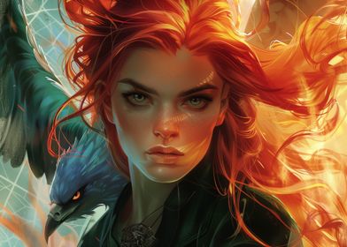 Flame-Haired Warrior &amp; Blue Hawk: A Fiery Vision of Strength