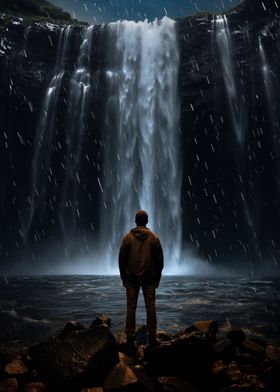 Alone Man Gazing at Waterfall