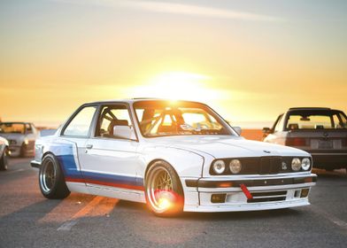 White BMW E30 at Sunset