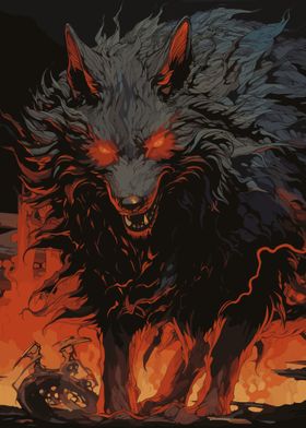 Dark Fantasy Hellhound Fiery Wolf