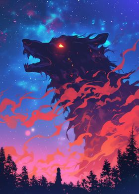 Wolf Silhouette in Night Sky