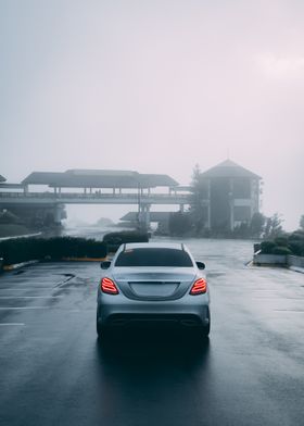 Silver Mercedes in Fog