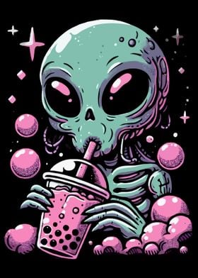 Alien Drinking Boba Tea