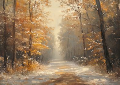 First Snow in Autumn Along The Forest Path