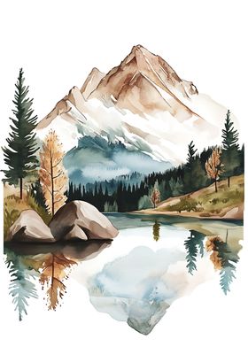 A watercolor painting portrays a calm mountain lake scene, with a towering snow-capped mountain, vibrant trees, and the lake mirroring the peaceful landscape.