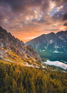 Sunset panorama in High Tatras mountains