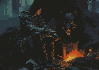 Dark Fantasy Man and Wolf by Fire