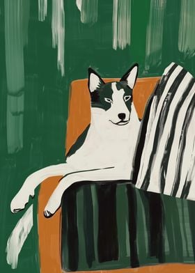 Dog on Striped Couch