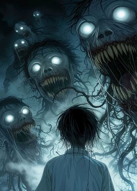 Horror Illustration of a Boy and Monsters