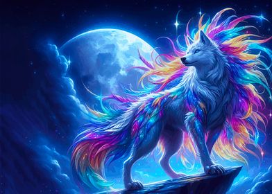 Rainbow Wolf Under Moon