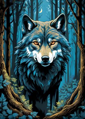 Wolf in the Moonlight dark forest 