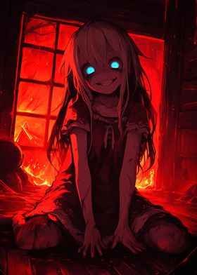 Creepy Anime Girl in Fire