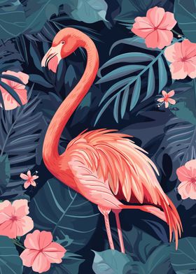 Pink Flamingo in Tropical Foliage