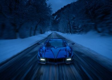 Blue Sports Car in Snowy Forest