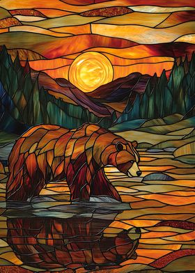 Stained Glass Bear Sunset