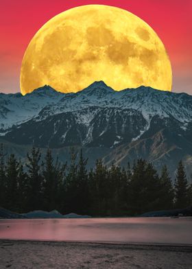 Full Moon Over Mountains in the Late Afternoon  