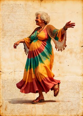 Old Woman Dancing in Tie-Dye Dress