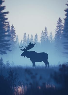 Moose Silhouette in Foggy Forest