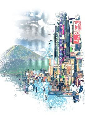 Japanese Cityscape with Mountain