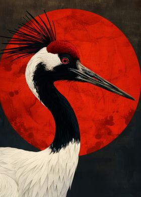 Black-necked Crane with Red Moon