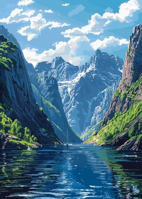 Mountain Fjord Landscape Pixel Art