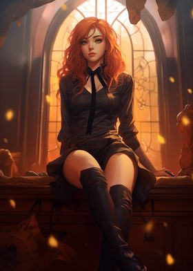 Redhead Woman in Black Dress