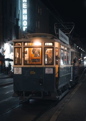 Vintage Tram at Night in Graz