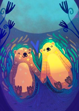 Two otters Under the Moon