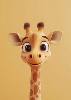 A playful cartoon giraffe with large, expressive eyes and a wide smile. Its soft fur and long neck are covered in brown spots.