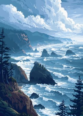 Pacific Northwest Ocean Cliffs Pixel Art