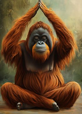 A serene orangutan sits in a meditative pose, eyes closed, hands raised in prayer, exuding tranquility in a softly blurred natural environment.